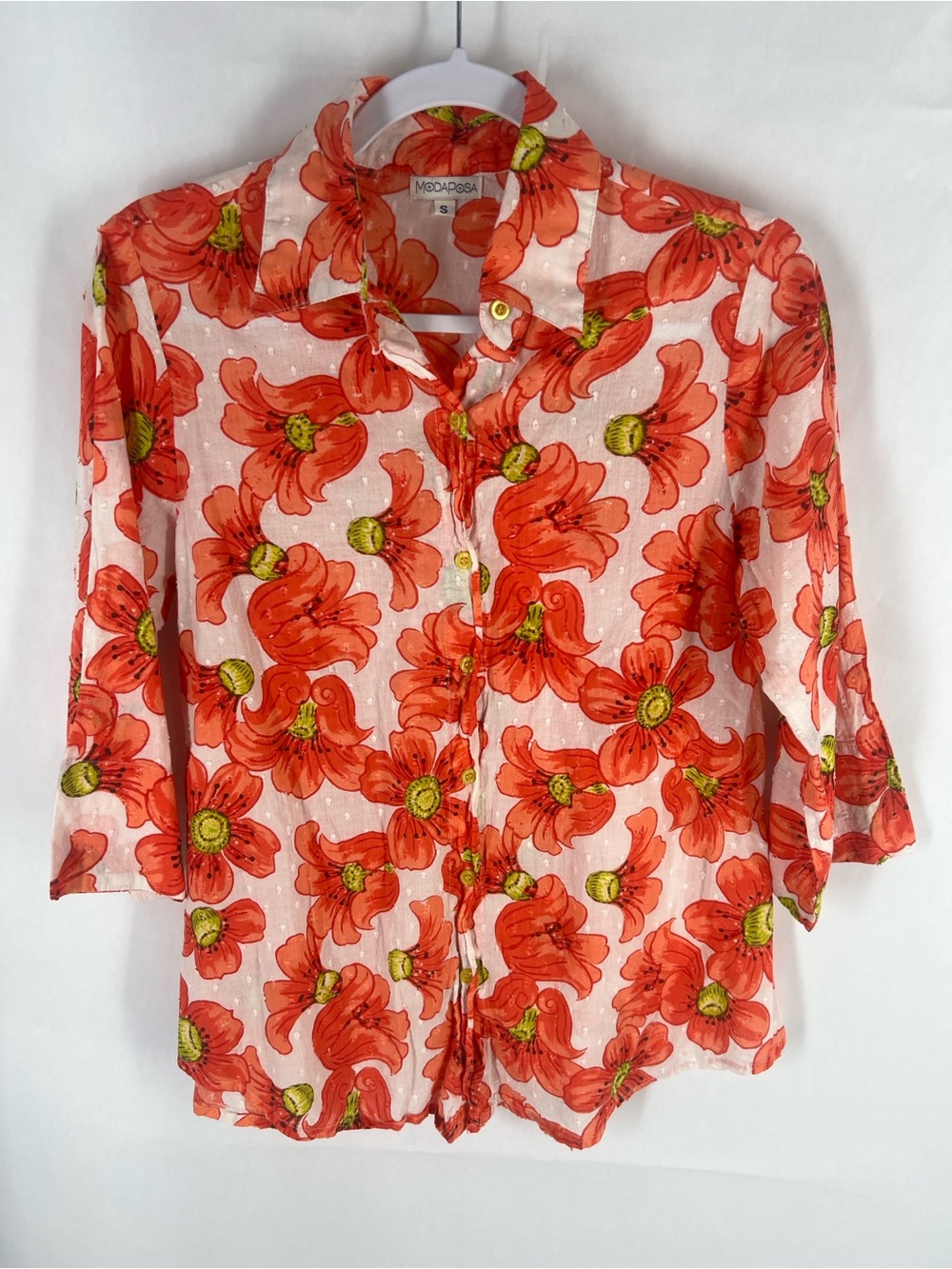 ModaPosa Orange Floral Poppy Cotton Button Down Blouse Size S